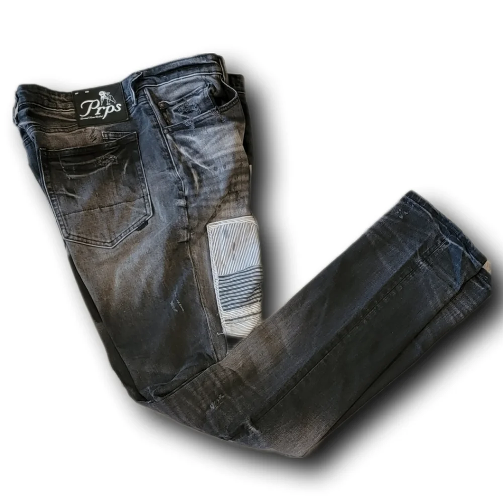 PRPS Le Sabre Stretch-Black Fade Destressed Parchwork Slim Fit Size 34